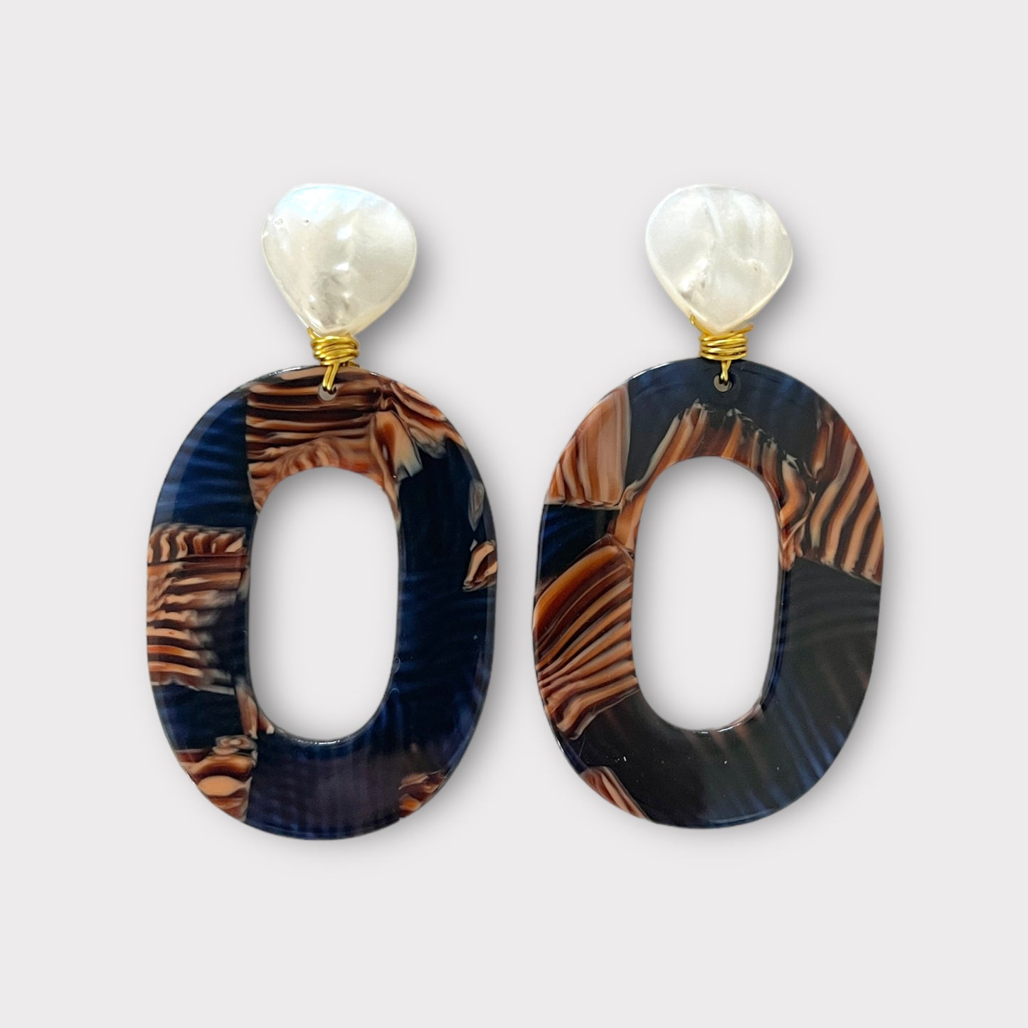Oval Earrings - Navy and Brown