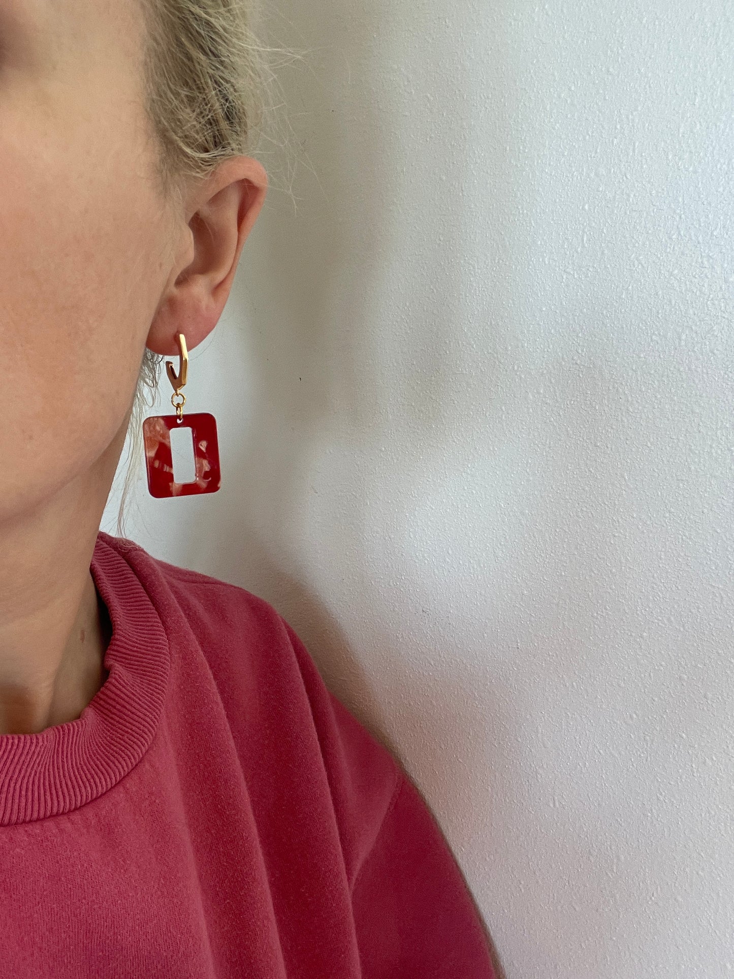 Red square hoop earrings