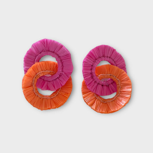 Raffia Fringe Earrings - Pink and Orange