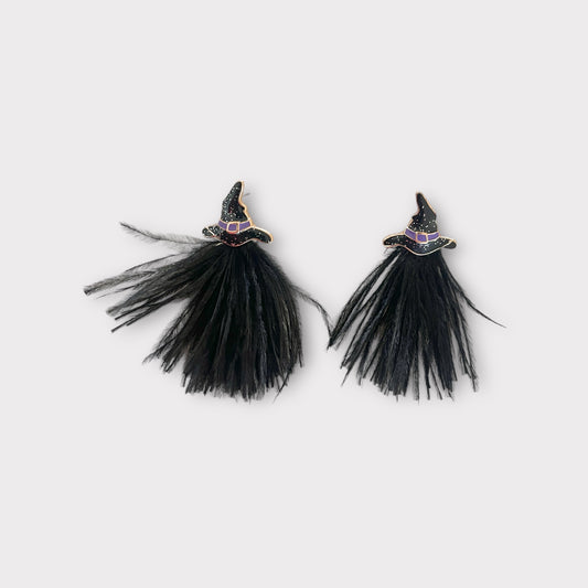 Black Feather Witch Hat Earrings