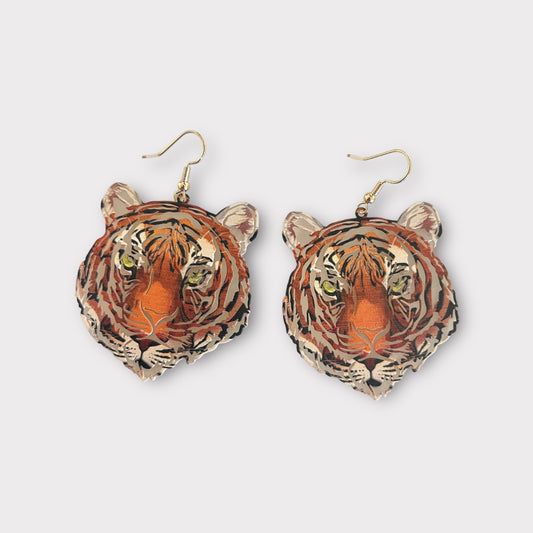 Large Printed Metal Tiger Earrings