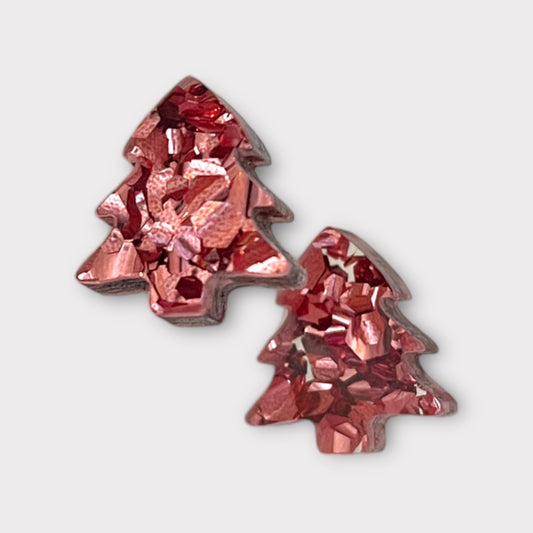 Chunky Glitter Christmas Tree Earrings - Rose Gold
