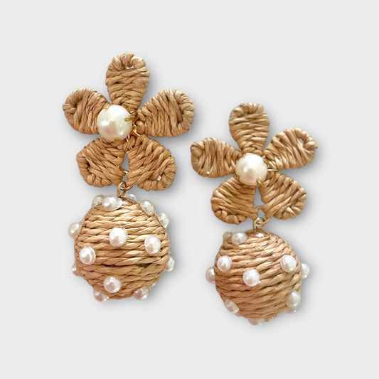 Rattan Pearl Flower Earrings - Natural