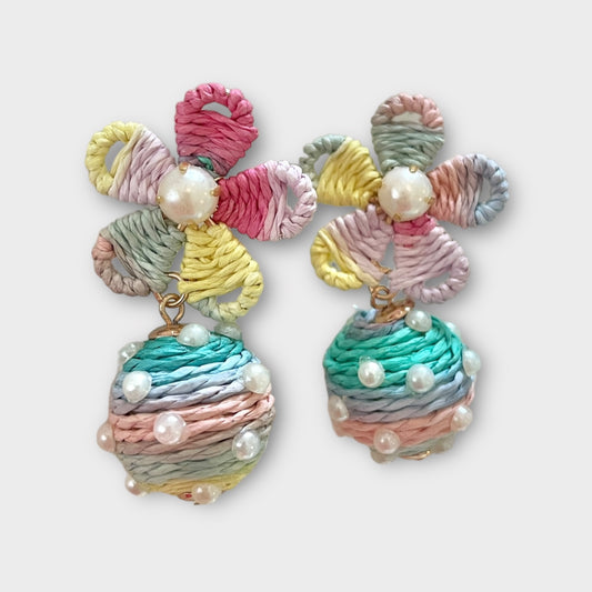 Rattan Pearl Flower Earrings - Multi