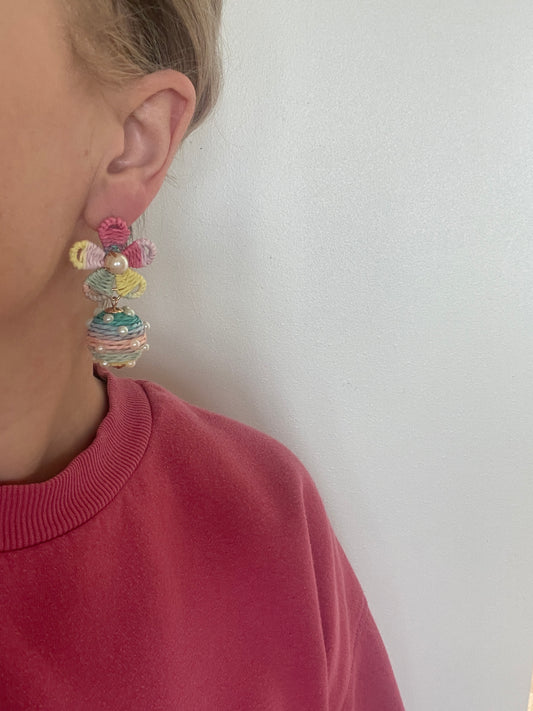 Rattan Pearl Flower Earrings - Multi