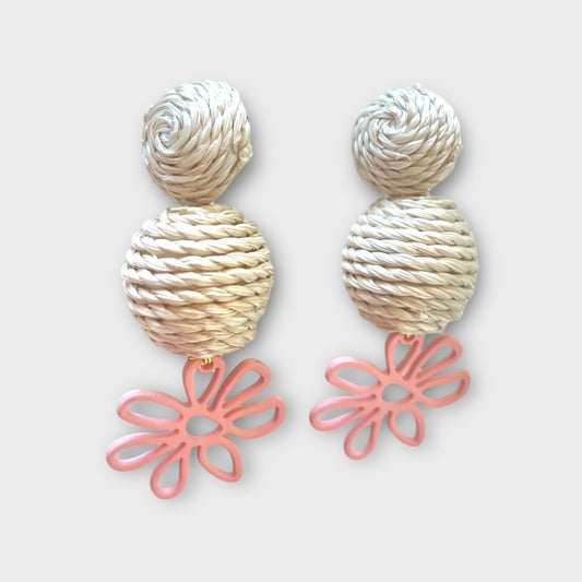 Rattan Pink Flower Earrings