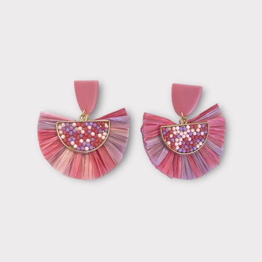 Multicolor Tassel Fan Earrings - Pink Post