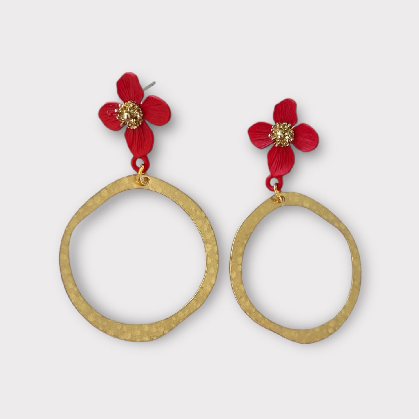 Red Flower Brass Earrings
