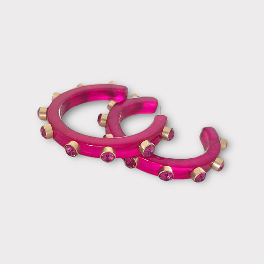 Resin Embellished Hoop Earrings - Fuchsia