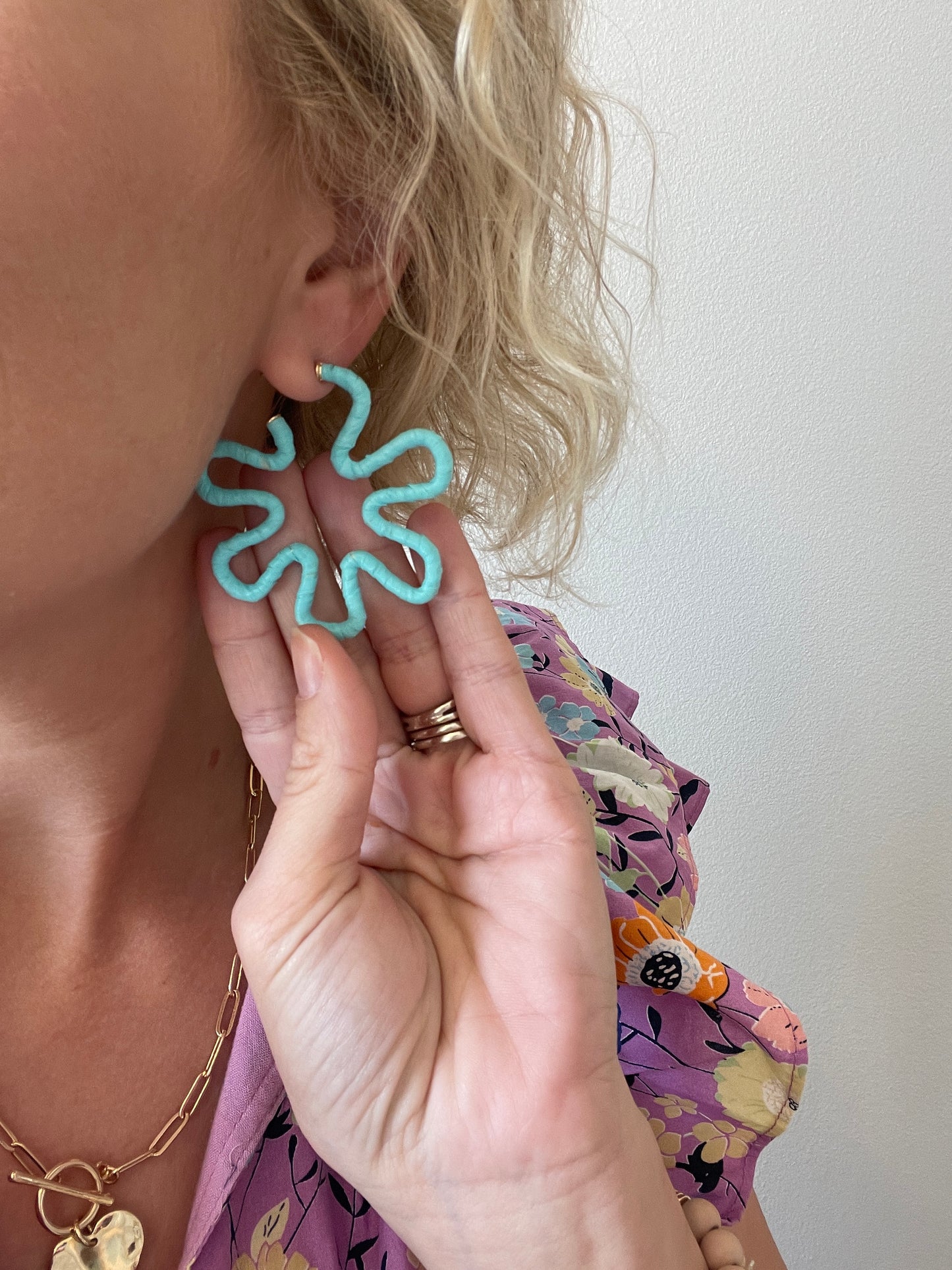 Raffia Wrap Flower Earrings - Turquoise