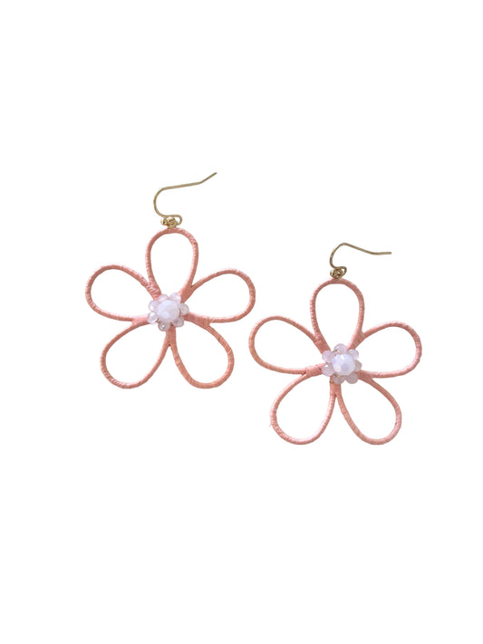 Beaded Center Raffia Flower Earrings