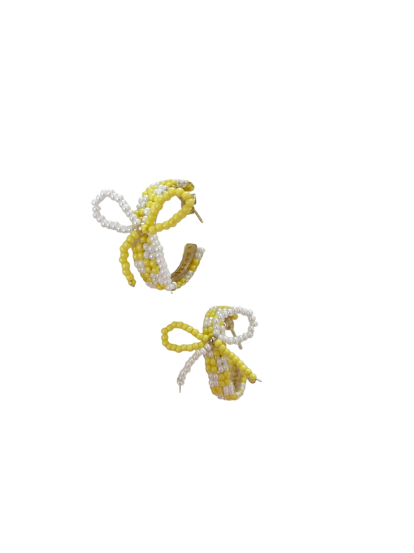 Yellow Beaded Bow Hoop Earrings