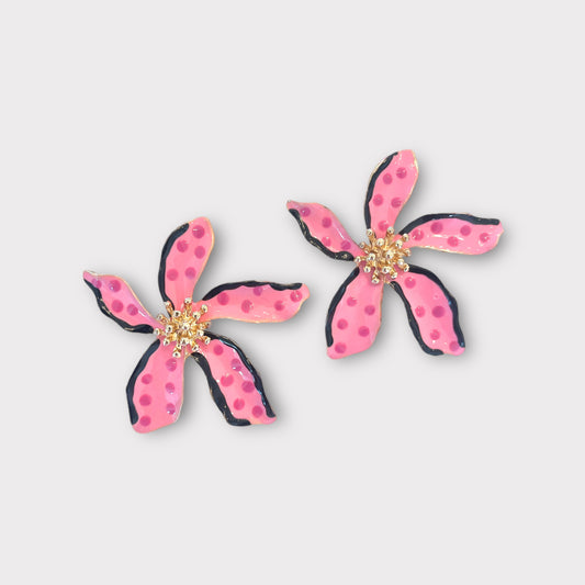 Large Pink Polka Dot Flower Earrings