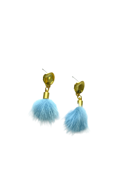 Fur Pom Petite Earrings - Blue and White