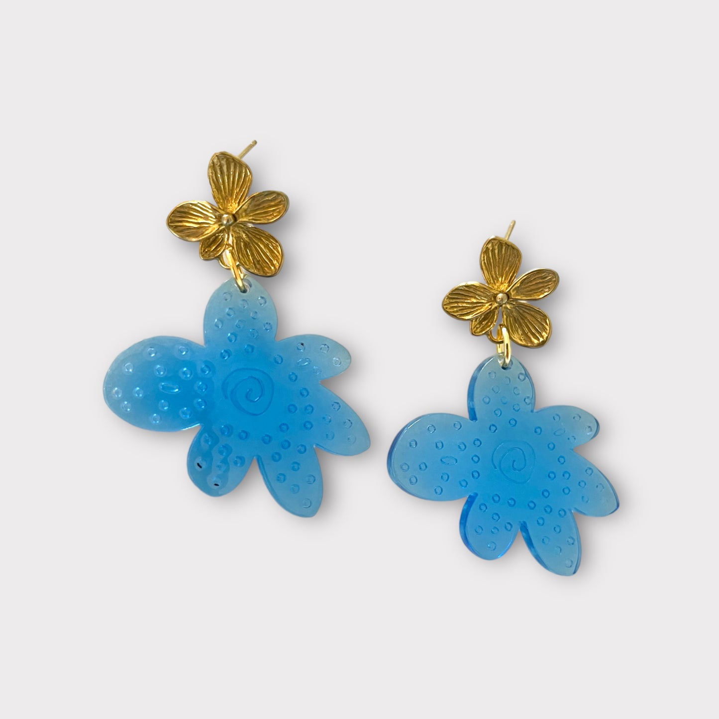 Brass Blue Flower Drop Earrings