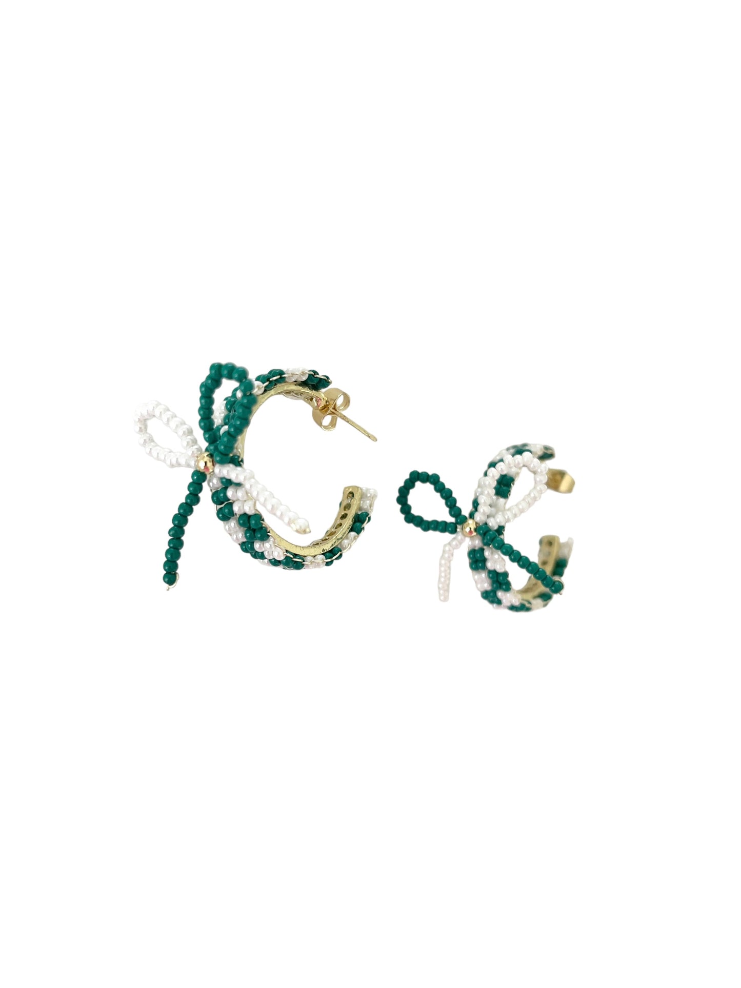 Green Beaded Bow Hoop Earrings