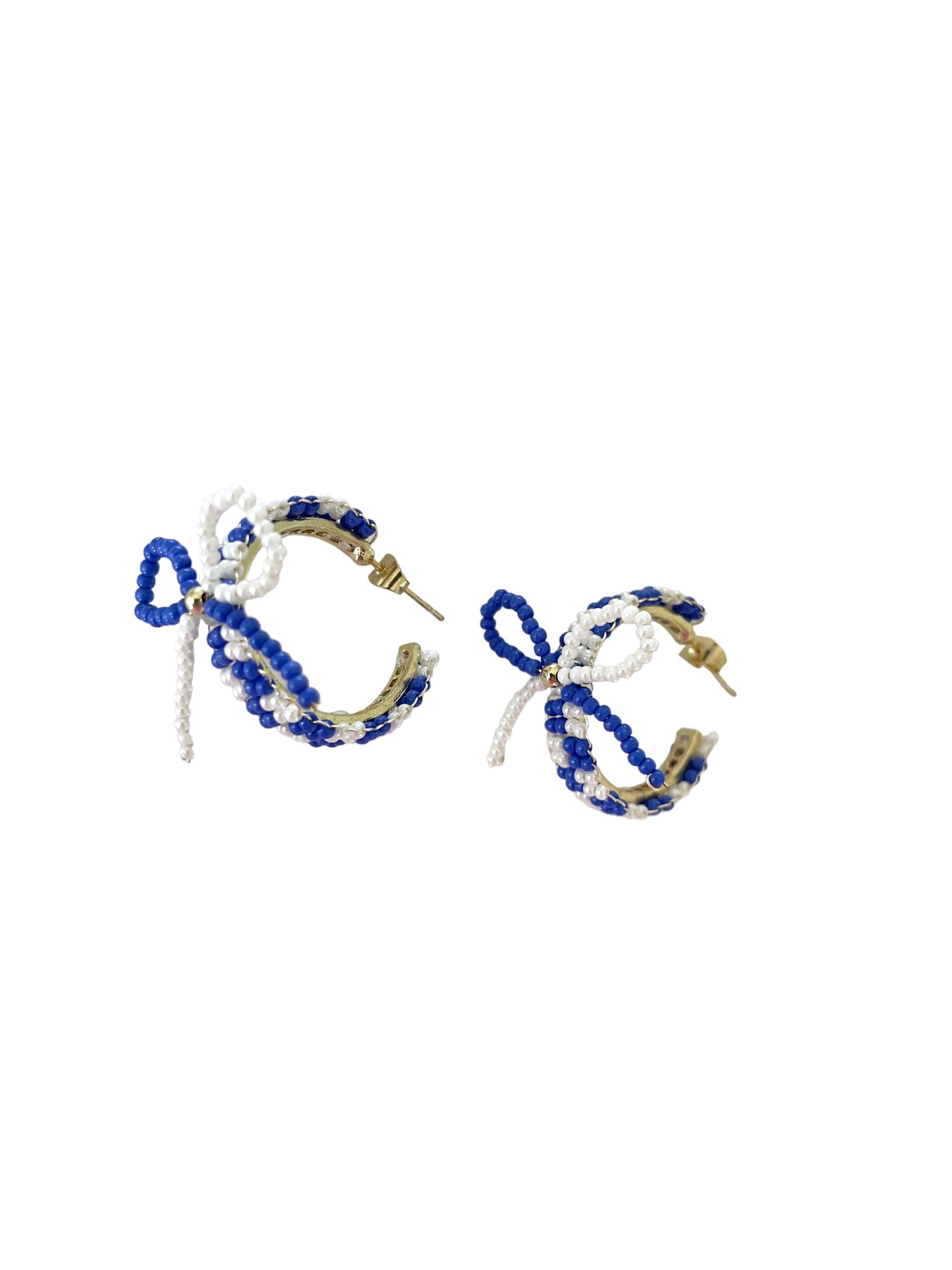 Blue Beaded Bow Hoop Earrings