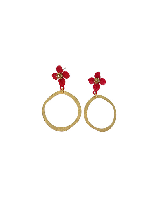 Red Flower Brass Earrings