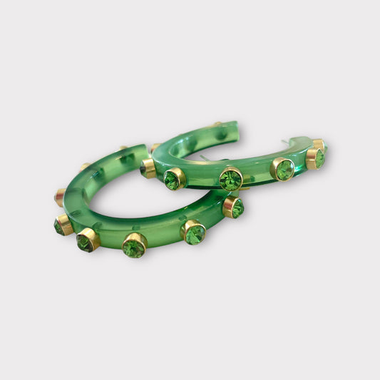 Resin Embellished Hoop Earrings - Green