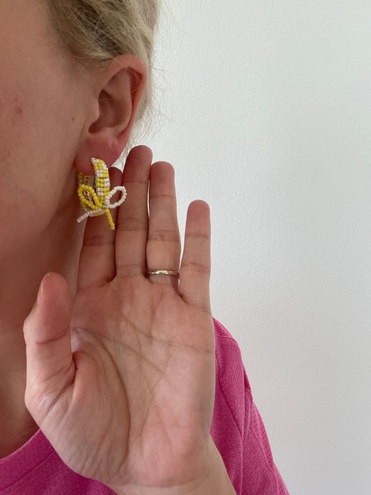 Yellow Beaded Bow Hoop Earrings