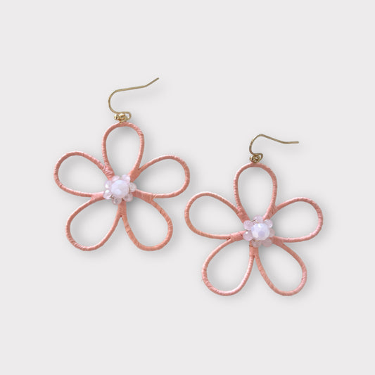 Beaded Center Raffia Flower Earrings