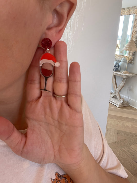 Santa Hat Wine Glass Earrings