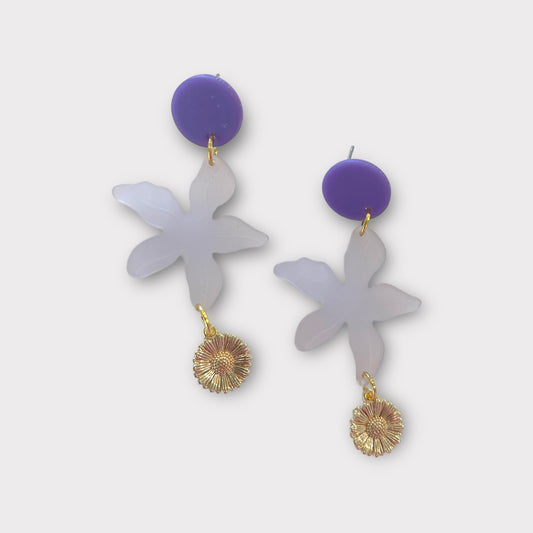 Purple Flower Earrings - Solid Flower Pendant